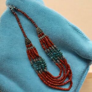 Southwest Red & Turquoise Color Heavy Native American Estate Jewelry Necklace